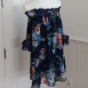 Off the Shoulder Blue Floral Dress